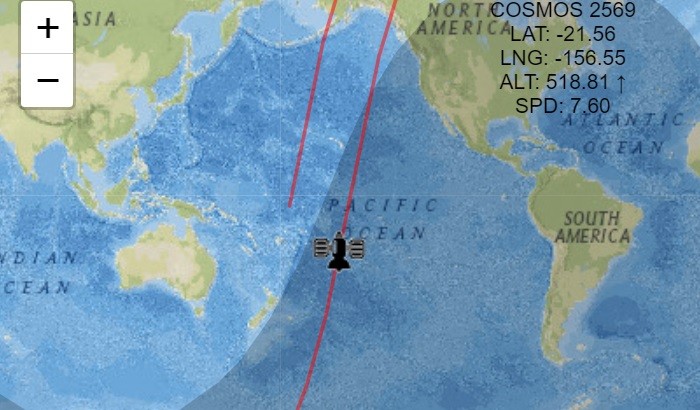 Quỹ đạo bay của vệ tinh COSMOS-2569 ở Thái Bình Dương trưa ngày 30/5, trên trang web của N2YO.com