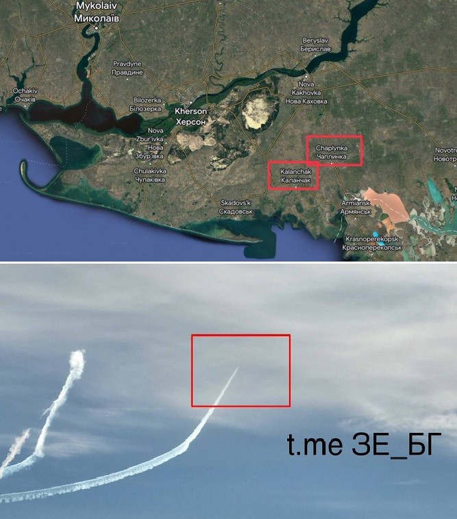 Ảnh chụp thứ được cho là vệt sáng của ba tên lửa MIM-104 Patriot đã bắn hạ ba chiếc Su-34 của RFAF ở Chaplynka và Kalanchak, thuộc vùng Kherson, hôm 23/12/2023