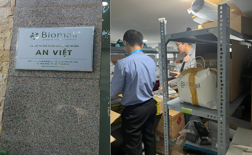 Thanh tra Sở Y tế TPHCM kiểm tra tại kho Chi nhánh Công ty Cổ phần dược mỹ phẩm An Việt phát hiện các sản phẩm mỹ phẩm có nhãn tiếng nước ngoài không nhãn phụ tiếng Việt. (Ảnh: Sở Y tế TPHCM)