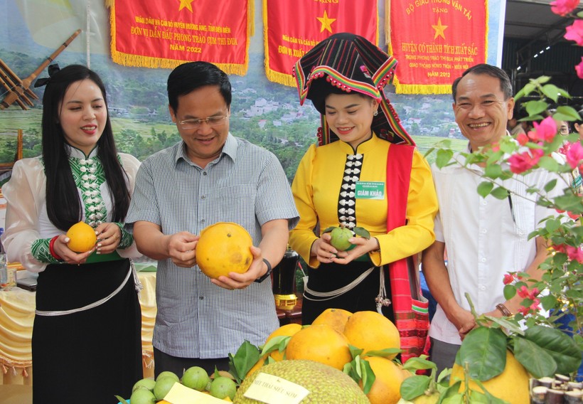 Ông Nguyễn Tiến Đạt, Bí thư Huyện ủy Mường Ảng (thứ 2 bên trái) thăm gian trưng bày nông sản của người dân.