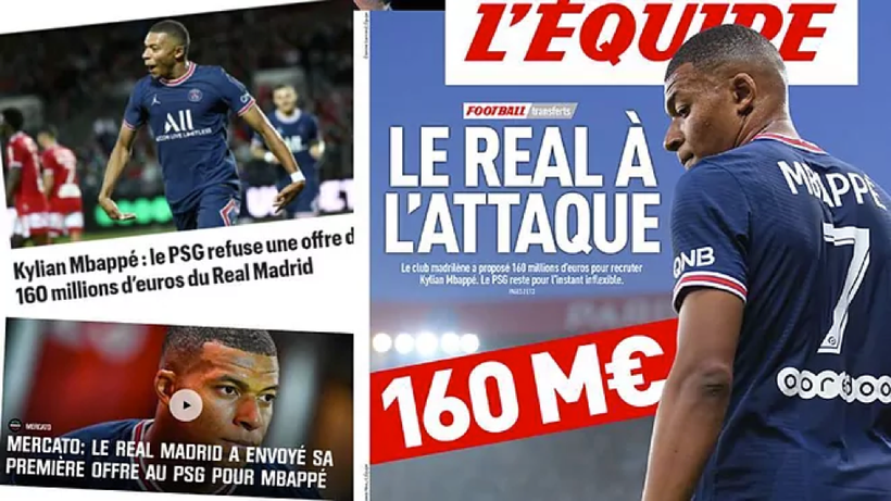 Các tờ báo Pháp viết về thương vụ Real Madrid ra giá 160 triệu euro cho Mbappe.