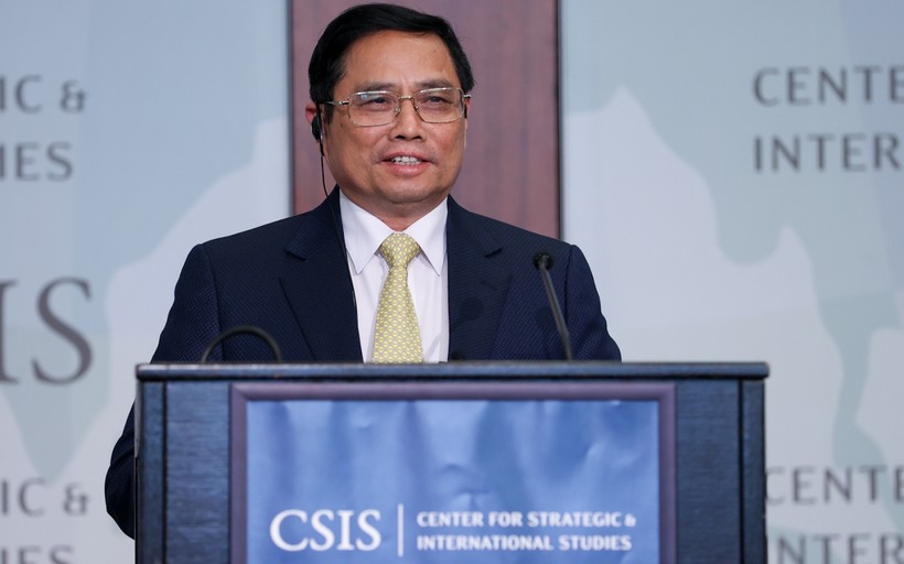 Thủ tướng Phạm Minh Chính phát biểu tại Trung tâm Nghiên cứu Chiến lược và Quốc tế Hoa Kỳ (CSIS), ngày 11/5 (giờ địa phương) - Ảnh: VGP/Nhật Bắc.