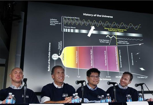 Các nhà khoa học (từ trái sang phải) Clem Pryke, Jamie Bock, Chao-Lin Kuo và John Kovac vui mừng thông báo về phát hiện mang tính đột phá của họ tại một buổi họp báo ở Trung tâm Vật lý thiên văn Harvard-Smithsonian.
