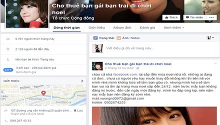 Trang quảng cáo “Cho thuê bạn gái bạn trai đi chơi Noel”. Ảnh: Nguyễn Hoan.