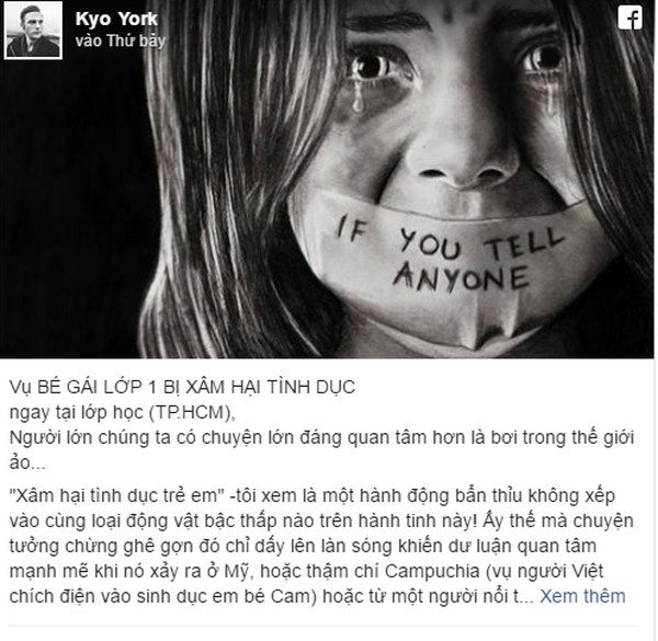 Chia sẻ của ca sĩ Kyo York về nạn "ấu dâm" đăng tải trên trang Fanpage Facebook
