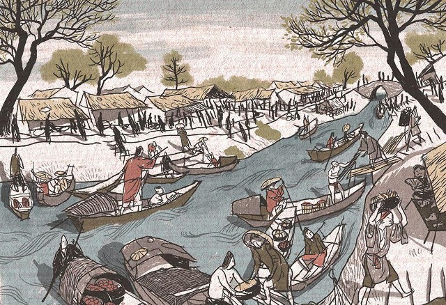Chợ họp ở các bến sông Tô Lịch thế kỷ 14. Tranh của họa sĩ Thành Phong.
