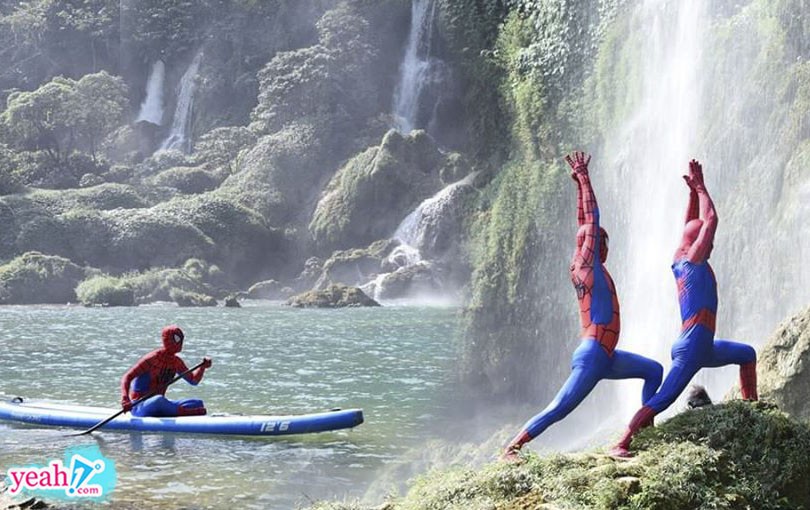  Cosplay người nhện dắt nhau lên thác Bản Giốc tập Yoga.