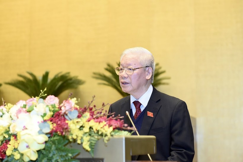 Tổng Bí thư, Chủ tịch nước Nguyễn Phú Trọng trình bày Báo cáo công tác của Chủ tịch nước nhiệm kỳ 2016-2021. Ảnh: Quốc Khánh.