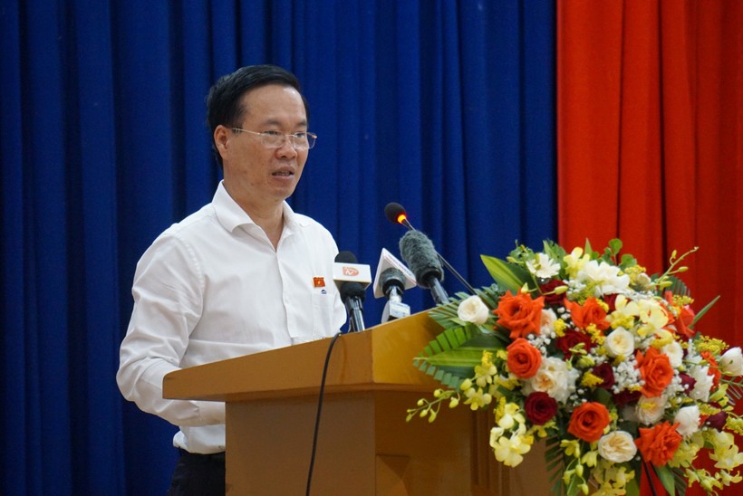 Chủ tịch nước - Võ Văn Thưởng tại buổi tiếp xúc cử tri huyện Hòa Vang, TP Đà Nẵng. (Ảnh: Hoàng Vinh)