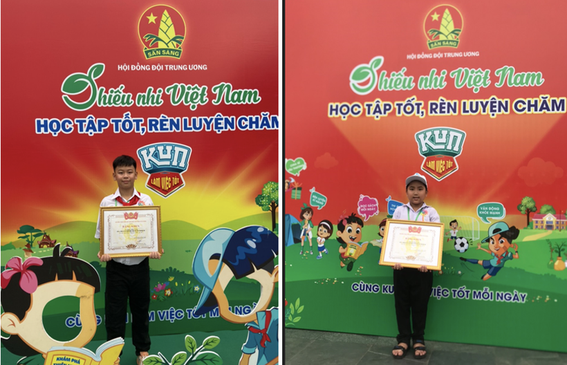 Em Quan Nhất Duy (ảnh trái) và em Nguyễn Quốc Bảo (ảnh phải) nhận bằng khen.