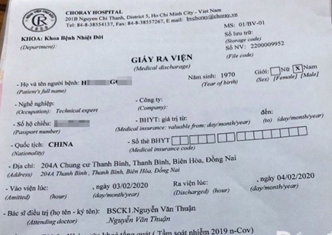 Bệnh nhân người Trung Quốc tạm trú ở Đồng Nai nghi nhiễm nCoV đã được xuất viện
