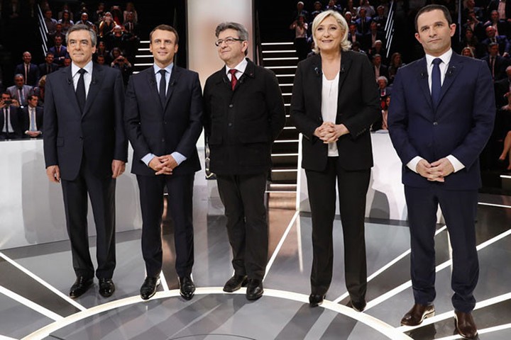 Các ứng viên nổi bật trong cuộc bầu cử tổng thống Pháp 2017: Fillon, Macron, Melenchon, Le Pen và Hamon (từ trái sang). Ảnh: Reuters.