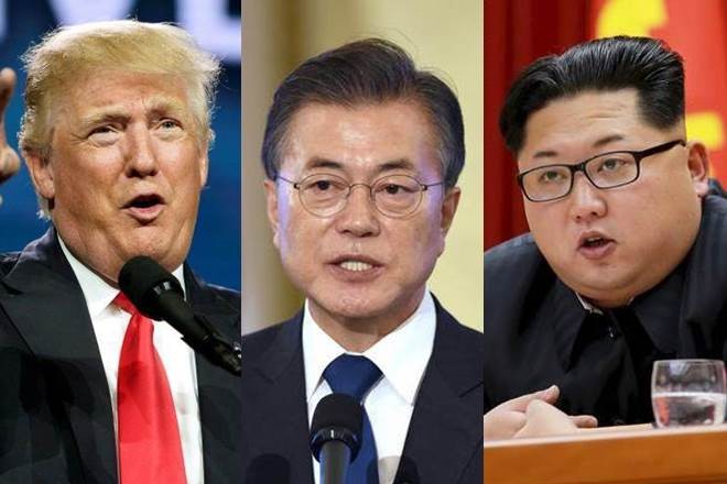 Tổng thống Donald Trump bên ngoài (trái), Tổng thống Moon Jae-in (giữa) và Lãnh đạo Kim Jong-un