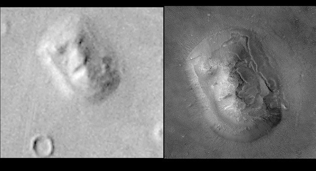 Hình ảnh gương mặt do NASA công bố ngày 24/5/2001 (phải) và hình ảnh do tàu vũ trụ Viking chụp (trái)
