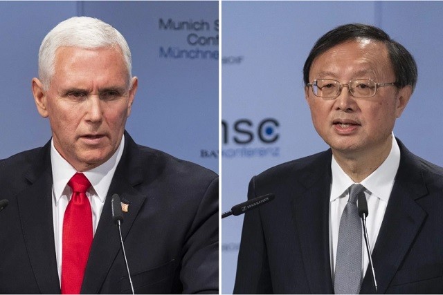 Phó Tổng thống Mỹ Mike Pence và Ủy viên Quốc vụ viện Trung Quốc Dương Khiết Trì (phải)
