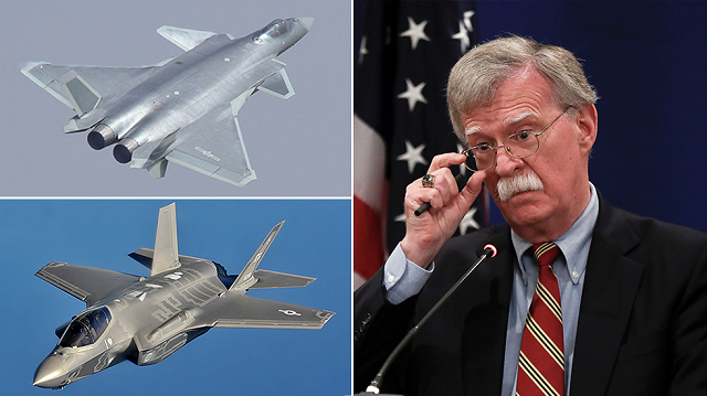Chiến cơ tàng hình J-20 của Trung Quốc (góc trái trên); Chiến cơ tàng hình F-35 của Mỹ (góc trái dưới) và cố vấn an ninh quốc gia Mỹ John Bolton. (Ảnh: Reuters)