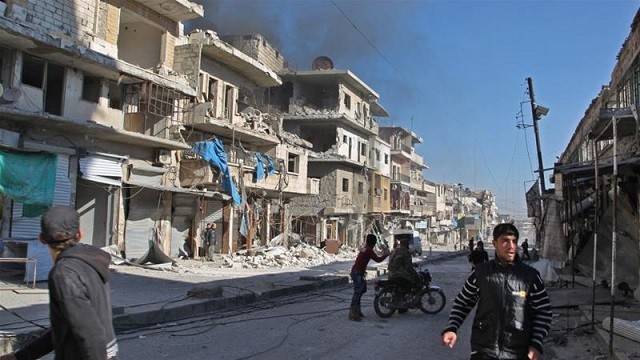 Các tòa nhà bị bom đạn tàn phá ở tỉnh Idlib, Syria.