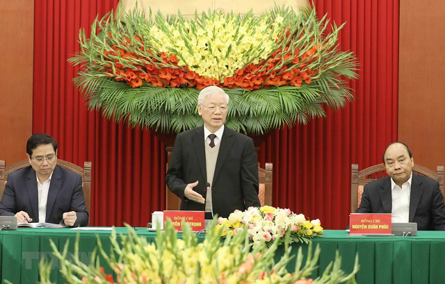 Tổng Bí thư, Chủ tịch nước Nguyễn Phú Trọng phát biểu tại buổi gặp mặt. (Ảnh: Phương Hoa/TTXVN).
