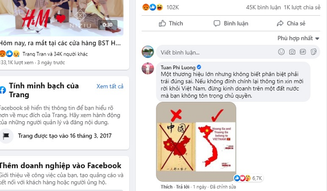 Bình luận phản đối bản đồ đường lưỡi bò phi pháp của một cư dân mạng Việt Nam trên fanpage H&M Việt Nam có trên 6.700 lượt thích. Ảnh chụp màn hình.
