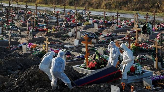 Những người đào mộ mặc đồ bảo vệ cá nhân (PPE) chôn cất một người trong khu đặc biệt của nghĩa địa dành cho các nạn nhân Covid-19 ở Saint Petersburg, Nga.