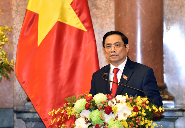 Thủ tướng Chính phủ Phạm Minh Chính phát biểu tại Lễ công bố thành viên Chính phủ nhiệm kỳ Quốc hội khóa XV, chiều ngày 28/7. Ảnh: VGP/Nhật Bắc.
