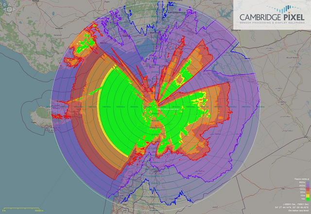 Tầm hoạt động của radar phòng không ở Syria. Màu xanh: 70m, vàng: 100m, cam: 500m, đỏ: 1.000m, tím: 3.000 mét, chàm: 6.000 mét.