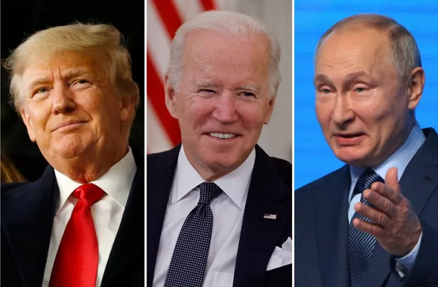 Cựu Tổng thống Mỹ Donald Trump (trái), Tổng thống Mỹ Joe Biden (giữa) và Tổng thống Nga Vladimir Putin.
