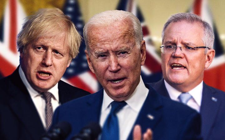 Thủ tướng Anh Boris Johnson, Tổng thống Mỹ Joe Biden và Thủ tướng Australia Scott Morrison.