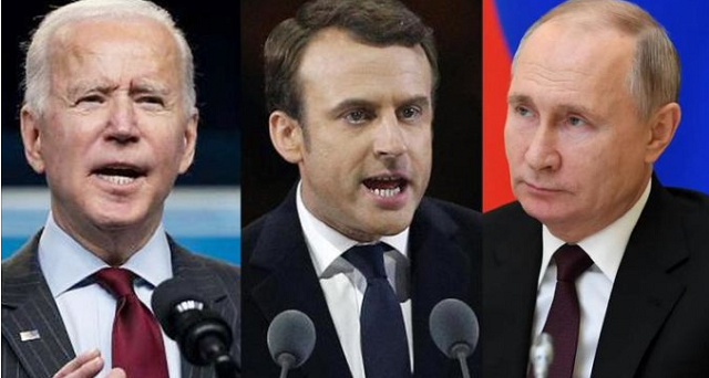 Tổng thống Mỹ Joe Biden (trái), Tổng thống Pháp Emmanuel Macron và Tổng thống Nga Putin.