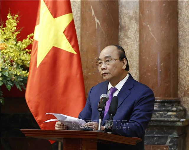 Chủ tịch nước Nguyễn Xuân Phúc phát biểu tại buổi gặp mặt. Ảnh: Thống Nhất/TTXVN.
