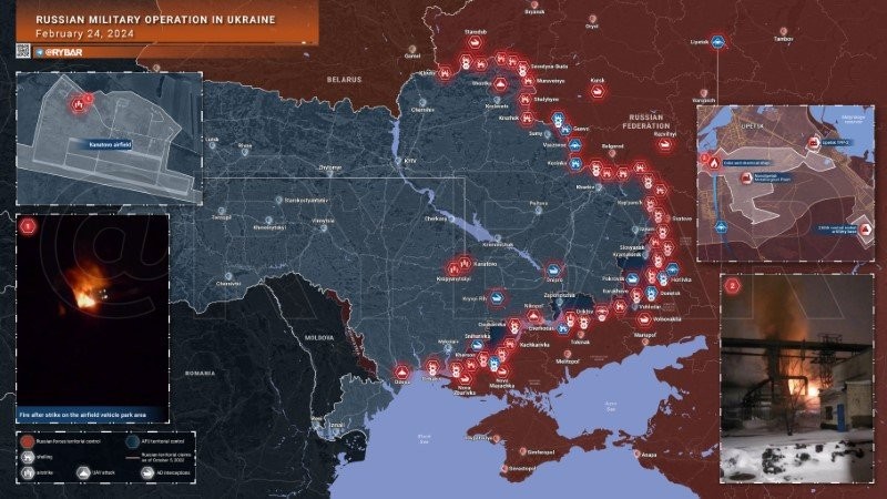 Bản đồ chiến sự Ukraine ngày 24/2. (Ảnh: Rybar)