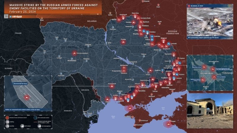 Bản đồ chiến sự Ukraine ngày 25/2. (Ảnh: Rybar)