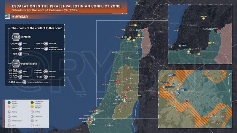 Bản đồ xung đột Israel - Hamas ngày 26/2. (Ảnh: Rybar)