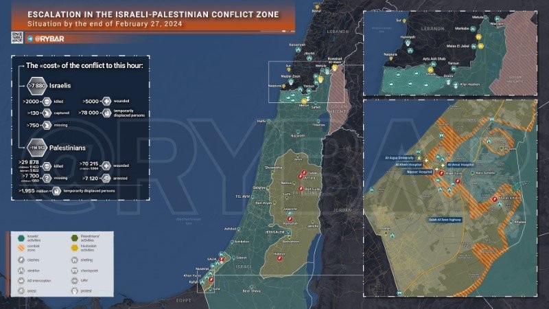 Bản đồ xung đột Israel - Hamas ngày 27/2. (Ảnh: Rybar)