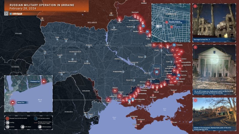 Bản đồ chiến sự Ukraine ngày 28/2. (Ảnh: Rybar)