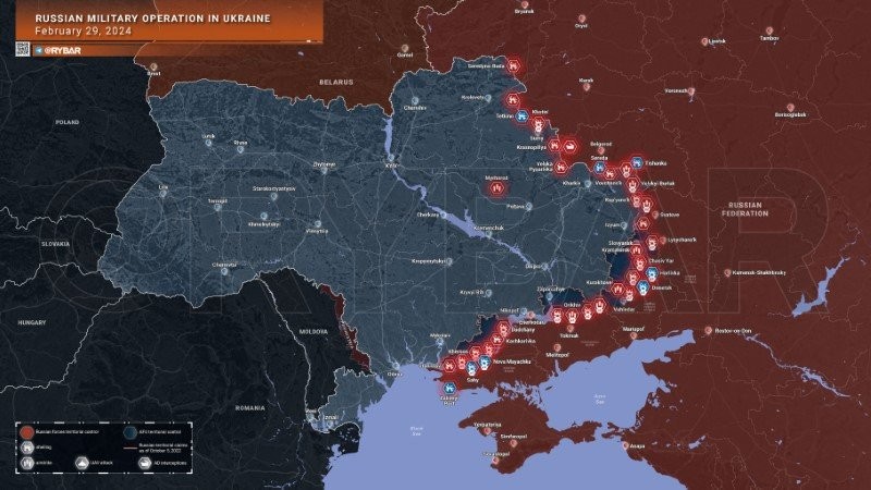 Bản đồ chiến sự Ukraine ngày 29/2. (Ảnh: Rybar)