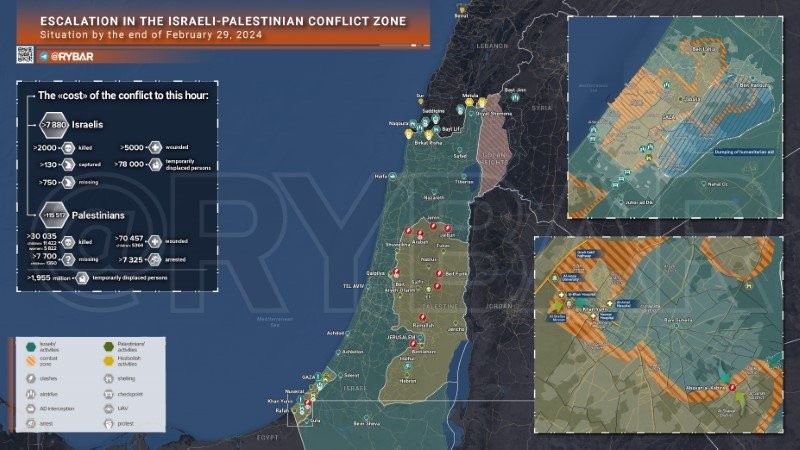 Bản đồ xung đột Israel - Hamas ngày 29/2. (Ảnh: Rybar)