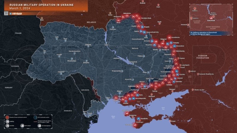 Bản đồ chiến sự Ukraine ngày 1/3. (Ảnh: Rybar)