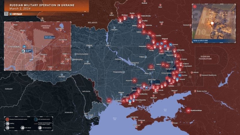 Bản đồ chiến sự Ukraine ngày 2/3. (Ảnh: Rybar)