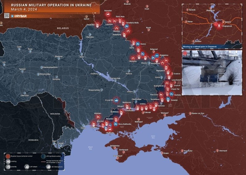 Bản đồ chiến sự Ukraine ngày 4/3. (Ảnh: Rybar)