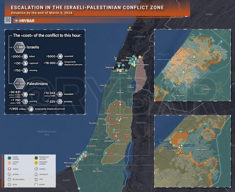 Bản đồ xung đột Israel - Hamas ngày 5/3. (Ảnh: Rybar)