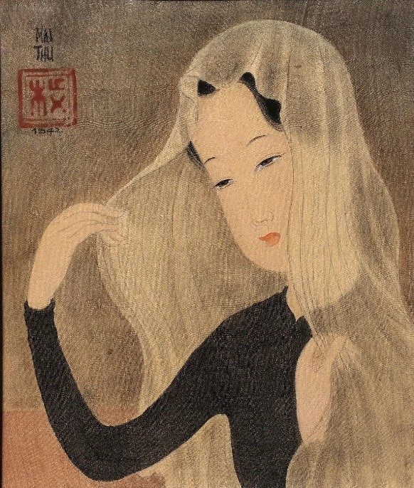 Cô gái quàng khăn, tranh Mai Trung Thứ.