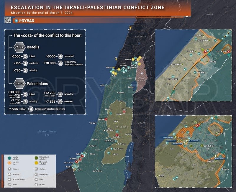 Bản đồ xung đột Israel - Hamas ngày 7/3. (Ảnh: Rybar)