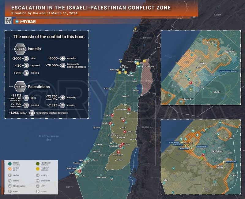 Bản đồ xung đột Israel - Hamas ngày 11/3. (Ảnh: Rybar)