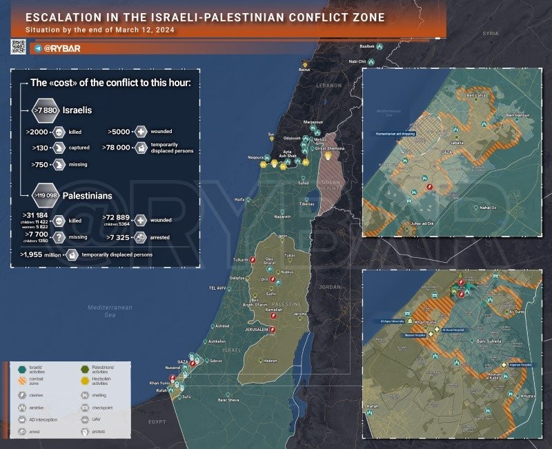 Bản đồ xung đột Israel - Hamas ngày 12/3. (Ảnh: Rybar)