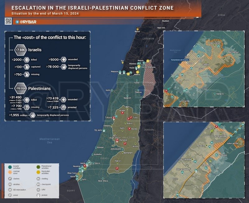 Bản đồ xung đột Israel - Hamas ngày 15/3. (Ảnh: Rybar)