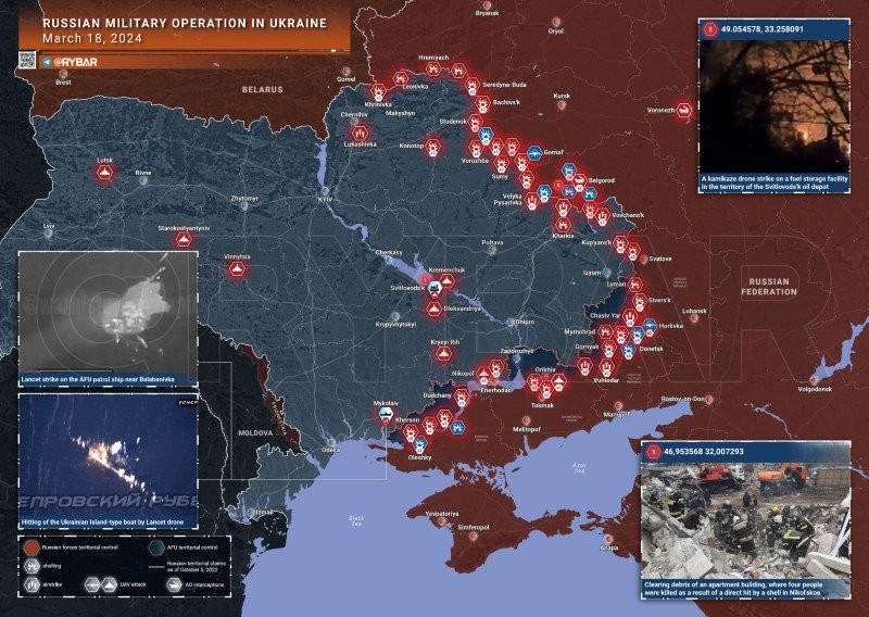 Bản đồ chiến sự Ukraine ngày 18/3. (Ảnh: Rybar)