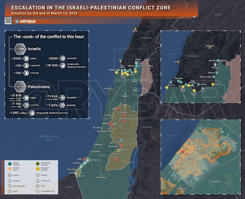 Bản đồ xung đột Israel - Hamas ngày 19/3. (Ảnh: Rybar)
