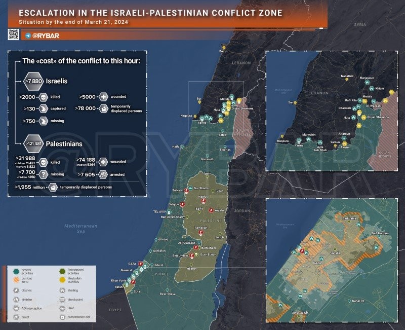 Bản đồ xung đột Israel - Hamas ngày 20/3. (Ảnh: Rybar)