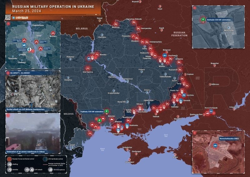 Bản đồ chiến sự Ukraine ngày 25/3. (Ảnh: Rybar)